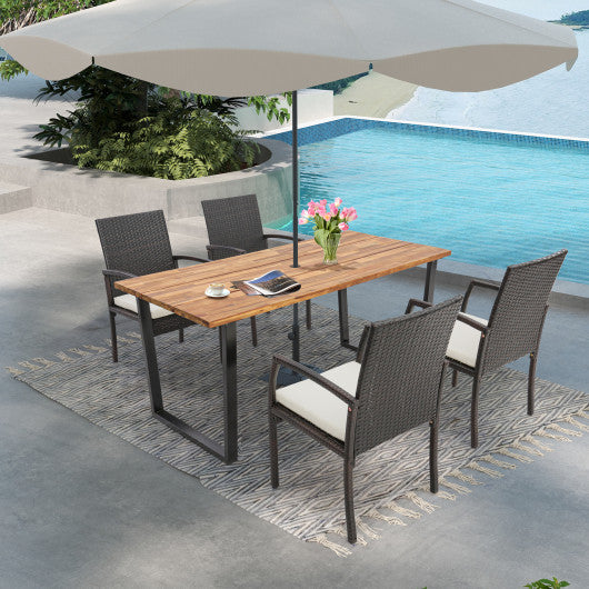 5 Pieces Patio Rattan Dining Set with Umbrella Hole and Seat Cushions Sale