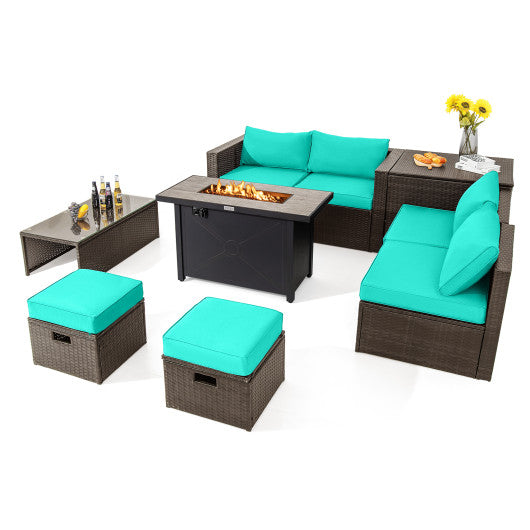 9 Pieces Outdoor Patio Furniture Set with 42 Inch Propane Fire Pit Table-Turquoise For Cheap