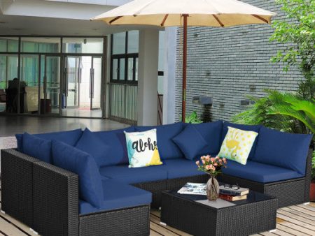 7 Pieces Sectional Wicker Furniture Sofa Set with Tempered Glass Top-White & Navy Hot on Sale