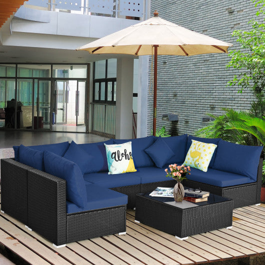 7 Pieces Sectional Wicker Furniture Sofa Set with Tempered Glass Top-White & Navy Hot on Sale