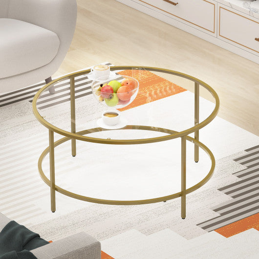 35.5 Inch Round Coffee Table with Tempered Glass Tabletop-Golden For Cheap