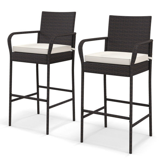 2 4 Pieces Outdoor PE Rattan Cushioned Barstool Set with Armrests-Set of 2 For Discount