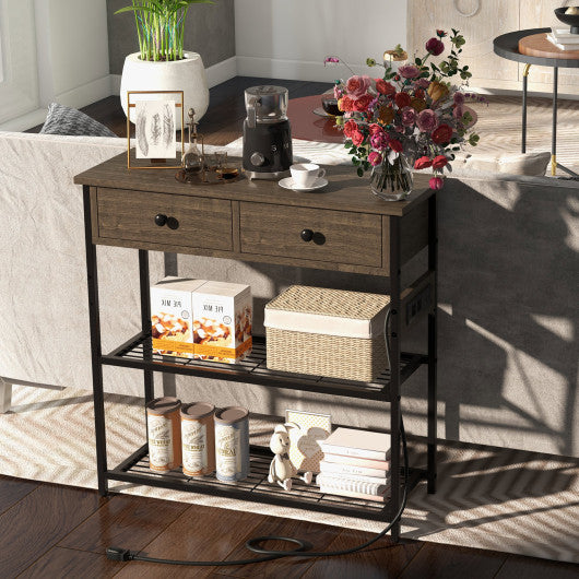 Narrow Console Table with 2 Drawers and 2 Metal Mesh Shelves-Gray For Sale