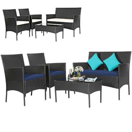 4 Pieces Patio Rattan Cushioned Sofa Set with Tempered Glass Coffee Table-Navy and off White For Cheap