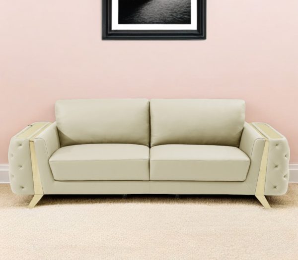 90  Beige Italian Leather Sofa With Gold Legs For Cheap