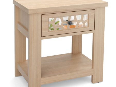 Wood Retro End Table with Mirrored Glass Drawer and Open Storage Shelf-Natural Supply