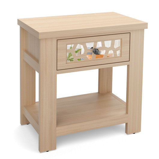 Wood Retro End Table with Mirrored Glass Drawer and Open Storage Shelf-Natural Supply