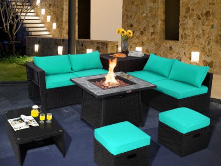 9 Pieces Outdoor Wicker Sectional with 35 Inch Gas Fire Pit Table-Turquoise For Sale