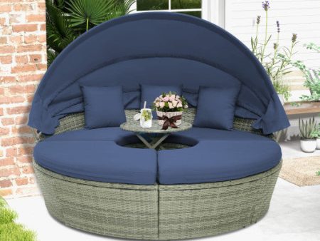 Outdoor PE Wicker Round Daybed with Retractable Canopy and Cushions-Navy For Discount