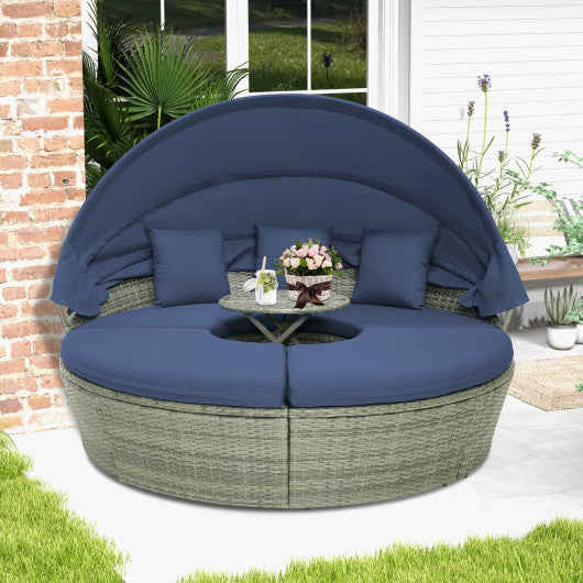 Outdoor PE Wicker Round Daybed with Retractable Canopy and Cushions-Navy For Discount