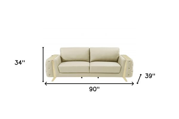 90  Beige Italian Leather Sofa With Gold Legs For Cheap