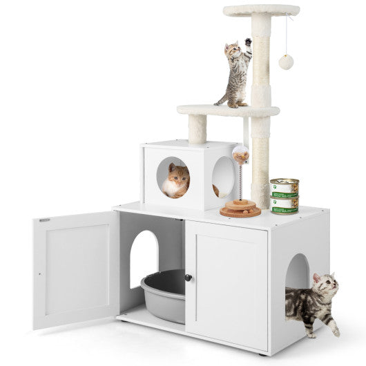 Cat Tree with Litter Box Enclosure with Cat Condo-White Supply