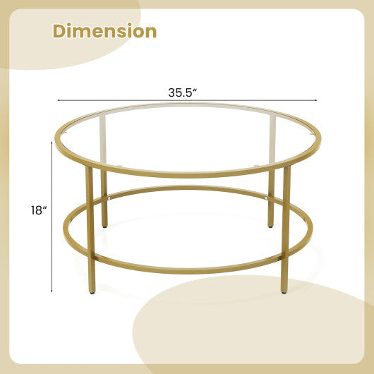 35.5 Inch Round Coffee Table with Tempered Glass Tabletop-Golden For Cheap