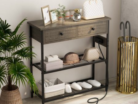 Narrow Console Table with 2 Drawers and 2 Metal Mesh Shelves-Gray For Sale