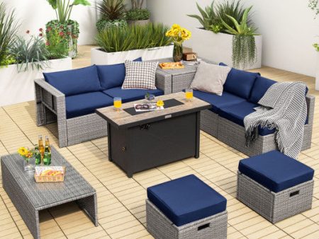 9 Pieces Patio Furniture Set with 42 Inches 60000 BTU Fire Pit-Navy Online