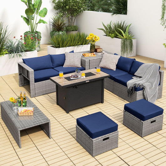 9 Pieces Patio Furniture Set with 42 Inches 60000 BTU Fire Pit-Navy Online