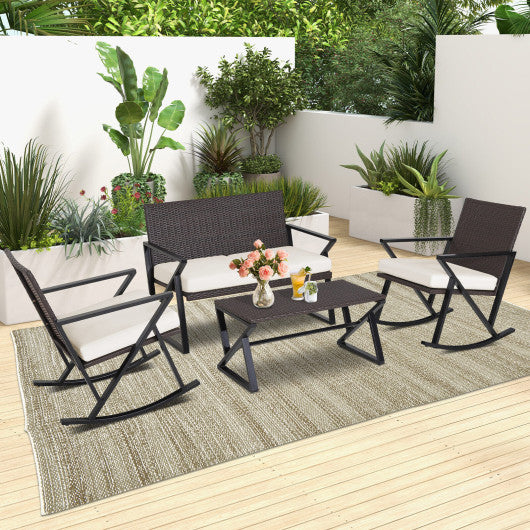 4 Pieces Rattan Patio Rocking Furniture Set with Loveseat and Coffee Table Sale