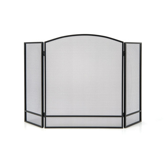 3-Panel Foldable Fireplace Screen with Wrought Metal Mesh-Black Online Sale