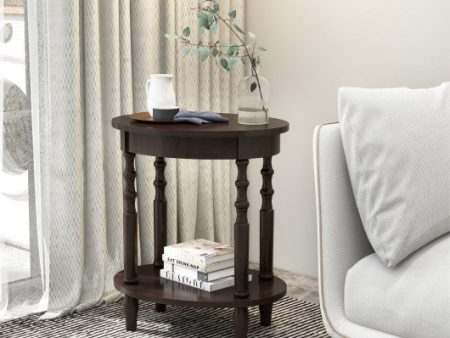 2-Tier Oval Side Table with Storage Shelf and Solid Wood Legs-Espresso Discount