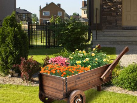 Wooden Wagon Planter Box with Wheels Handles and Drainage Hole-Rustic Brown For Sale