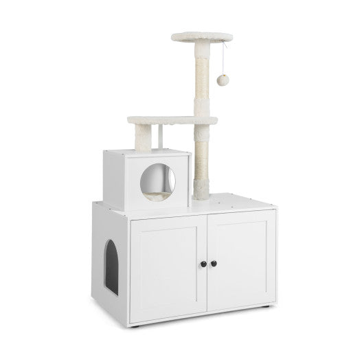 Cat Tree with Litter Box Enclosure with Cat Condo-White Supply