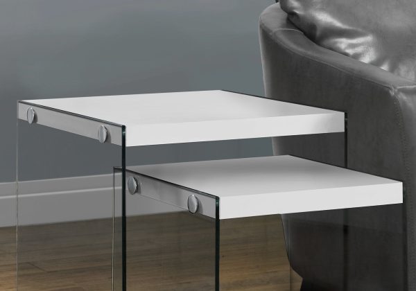 35.5  Glossy White Particle Board And Clear Glass Two Pieces Nesting Table Set Fashion