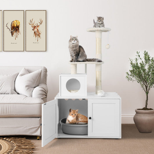 Cat Tree with Litter Box Enclosure with Cat Condo-White Supply