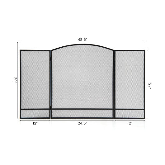 3-Panel Foldable Fireplace Screen with Wrought Metal Mesh-Black Online Sale