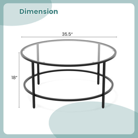 35.5 Inch Round Coffee Table with Tempered Glass Tabletop-Black Fashion