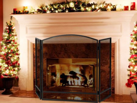 3-Panel Foldable Fireplace Screen with Wrought Metal Mesh-Black Online Sale