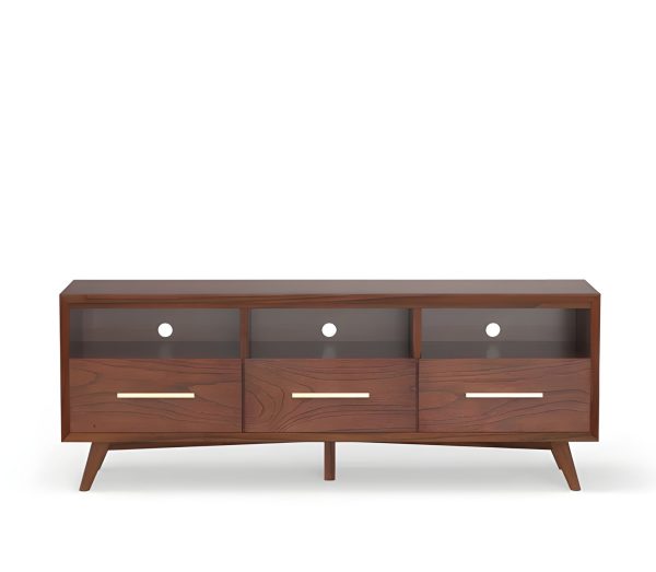 64  Brown Mahogany Solid Wood Open Shelving TV Stand For Sale