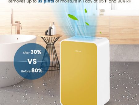 32 Pints Day Portable Quiet Dehumidifier for Rooms up to 2500 Sq. Ft-Yellow Online Hot Sale