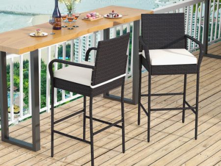 2 4 Pieces Outdoor PE Rattan Cushioned Barstool Set with Armrests-Set of 2 For Discount