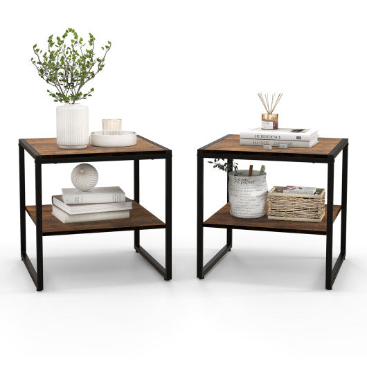 2 Pieces Industrial 2-Tier Side Table Set with Open Shelf-Rustic Brown Online now