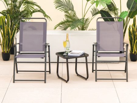 Set of 2 Outdoor Folding Sling Chairs with Armrest and Backrest-Gray Fashion