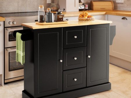 2-Door Large Mobile Kitchen Island Cart with Hidden Wheelsand 3 Drawers-Black on Sale