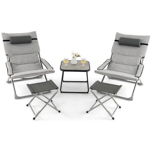 5-Piece Patio Sling Chair Set Folding Lounge Chairs with Footrests and Coffee Table-Gray For Sale