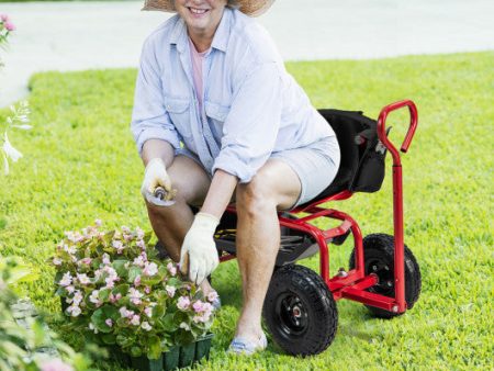 Cushioned Rolling Garden Cart Scooter with Storage Basket and Tool Pouch-Black & Red on Sale