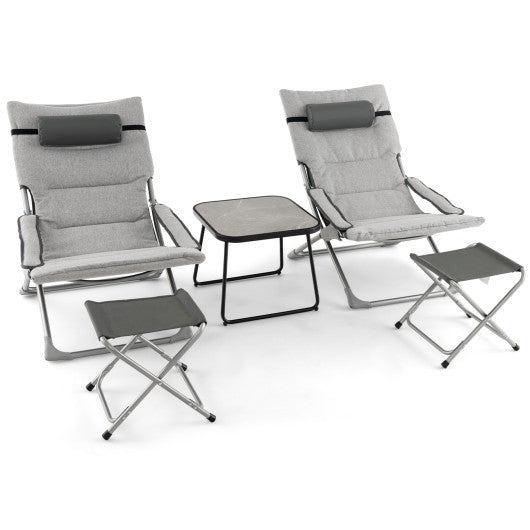 5-Piece Patio Sling Chair Set Folding Lounge Chairs with Footrests and Coffee Table-Gray For Sale