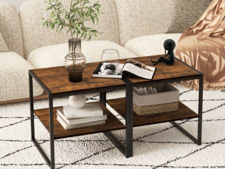 2 Pieces Industrial 2-Tier Side Table Set with Open Shelf-Rustic Brown Online now