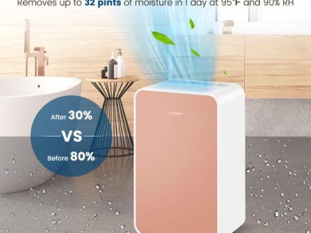 32 Pints Day Portable Quiet Dehumidifier for Rooms up to 2500 Sq. Ft-Pink on Sale