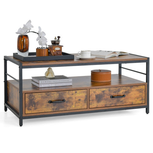 Coffee Table with 2 Drawers and Open Shelf for Living Room-Rustic Brown Online now