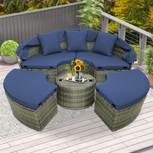 Outdoor PE Wicker Round Daybed with Retractable Canopy and Cushions-Navy For Discount