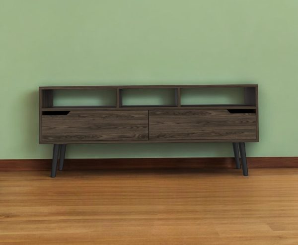 54  Dark Brown Walnut Enclosed and Open Storage TV Stand Cheap