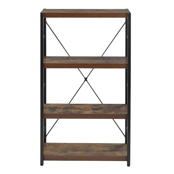 43  Brown and Black Metal and Wood Three Tier Etagere Bookcase For Sale