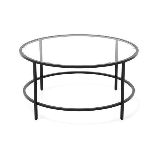 35.5 Inch Round Coffee Table with Tempered Glass Tabletop-Black Fashion