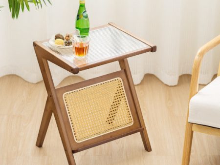 Boho End Table with Magazine Rack and Tempered Glass Top-Walnut Supply