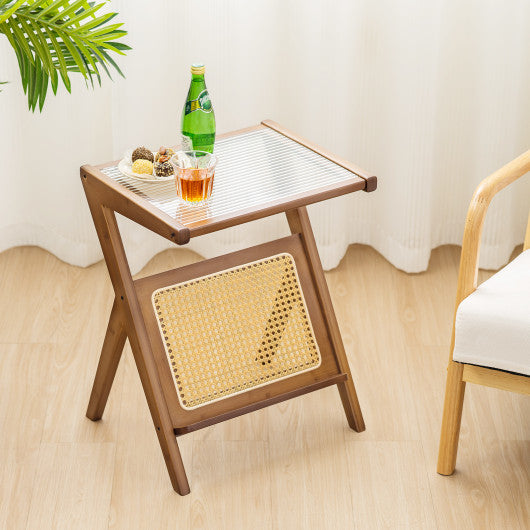 Boho End Table with Magazine Rack and Tempered Glass Top-Walnut Supply