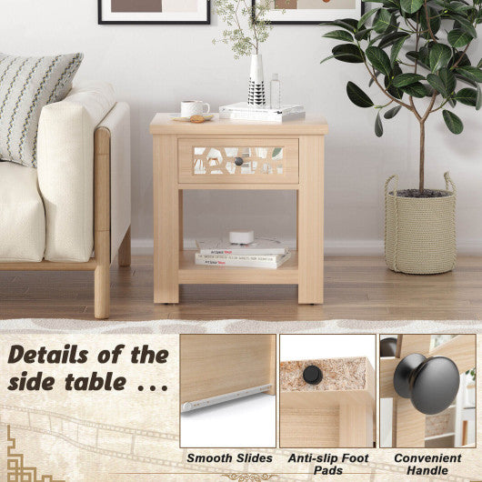 Wood Retro End Table with Mirrored Glass Drawer and Open Storage Shelf-Natural Supply