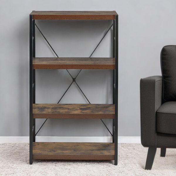 43  Brown and Black Metal and Wood Three Tier Etagere Bookcase For Sale